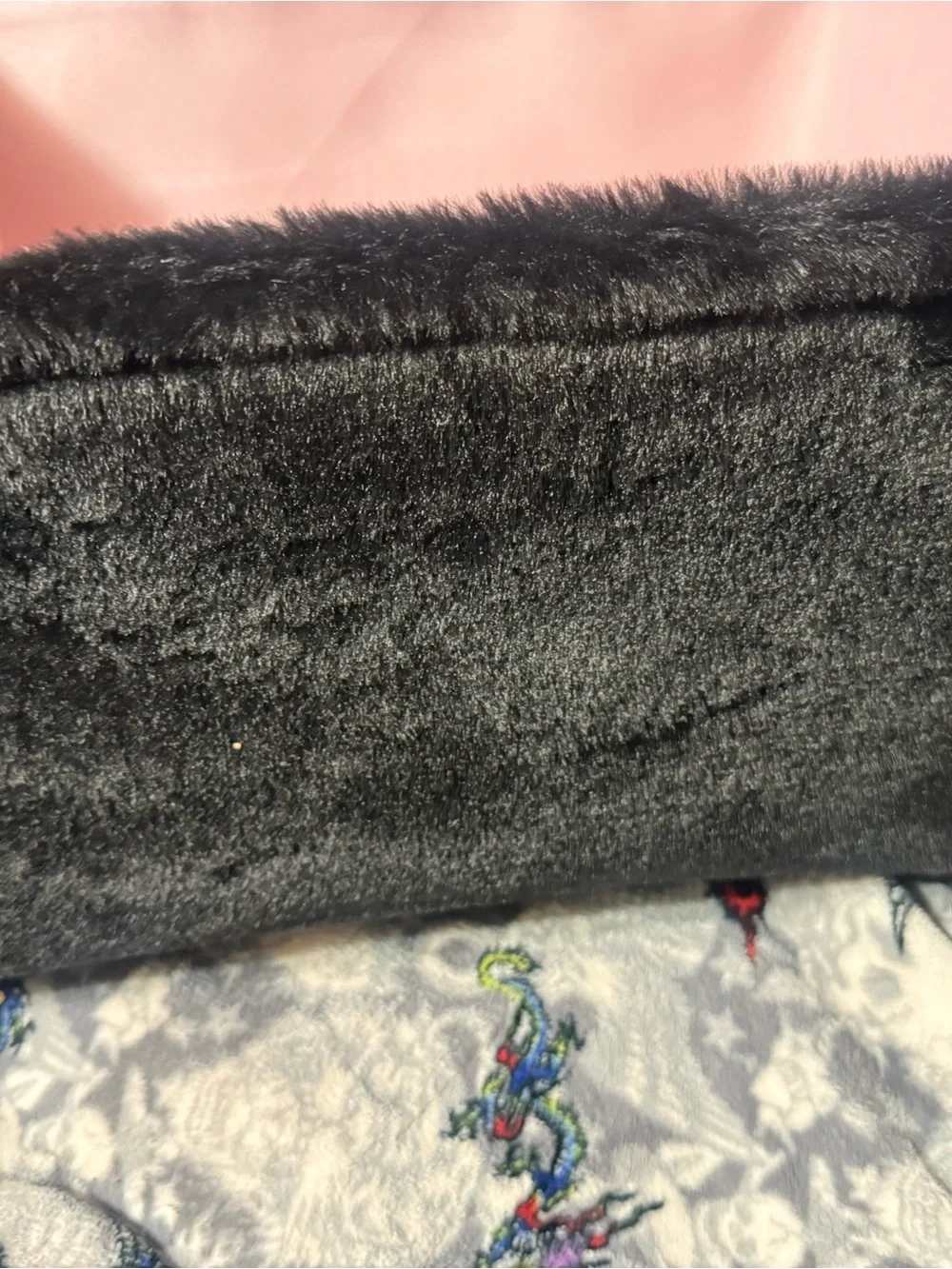 Juicy Couture Black Faux Fur Pouch with Pink and Cream Embroidery